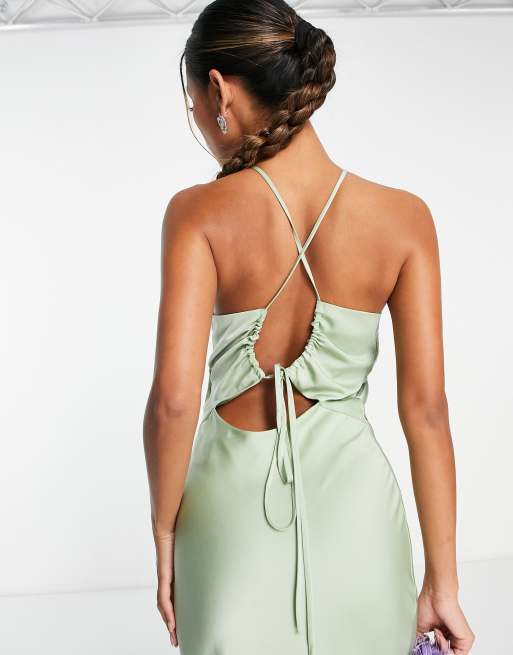 ASOS DESIGN - Salviegrøn midikjole med knude foran og bindebånd bagpå i satin, 3 af 4