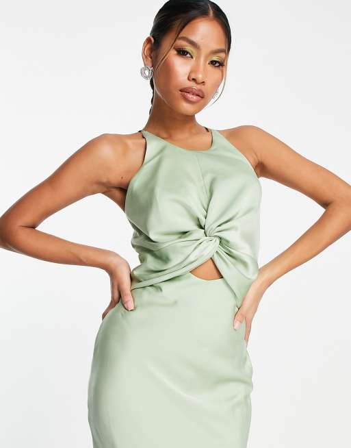 ASOS DESIGN - Salviegrøn midikjole med knude foran og bindebånd bagpå i satin, 4 af 4