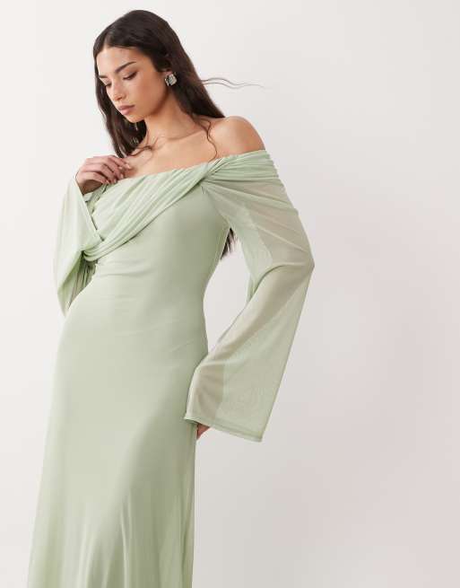 ASOS DESIGN - Salviegrøn offshoulder-maxikjole med draperet hals og lange ærmer, 2 af 4