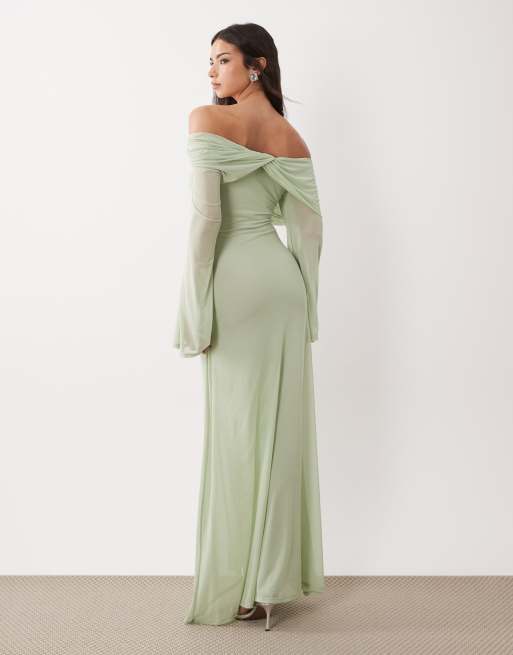 ASOS DESIGN - Salviegrøn offshoulder-maxikjole med draperet hals og lange ærmer, 4 af 4
