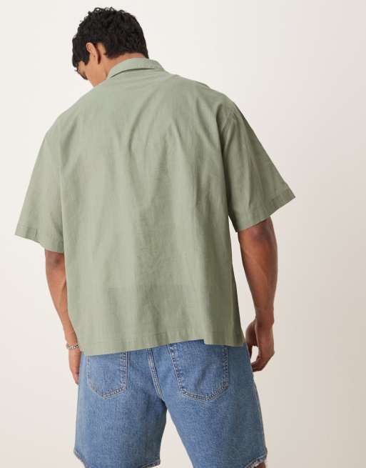 ASOS DESIGN - Salviegrøn oversized skjorte i hørlook i firkantet pasform, 3 af 4