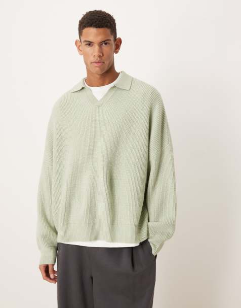 ASOS DESIGN - Salviegrøn patentstrikket super-oversized trøje med hak i halsudskæringen i firkantet pasform - view 1