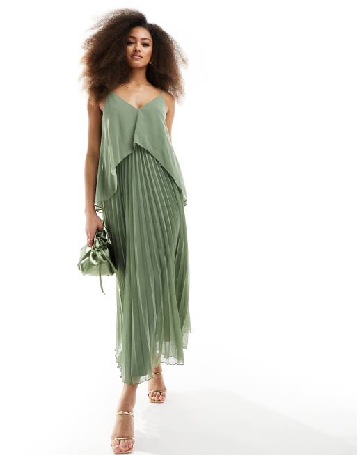 ASOS DESIGN - Salviegrøn plisseret midikjole i chiffon med overlag og stropper