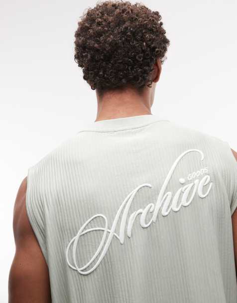 ASOS DESIGN - Salviegrøn ribstrikket oversized tanktop med tekstgrafik i kraftigt stof - Del af sæt - view 1