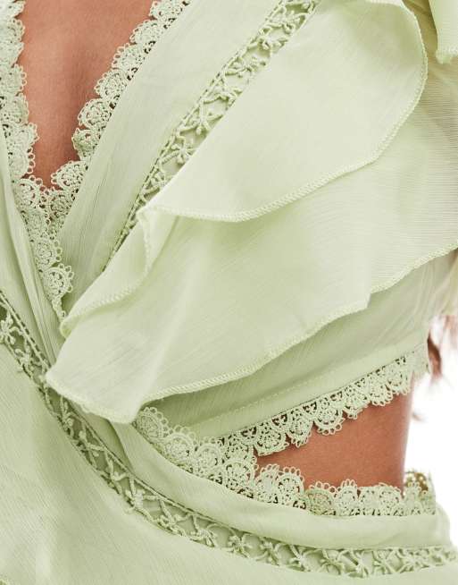ASOS DESIGN - Salviegrøn slå-om-maxikjole med flagrende ærmer og blondekant , 2 af 4