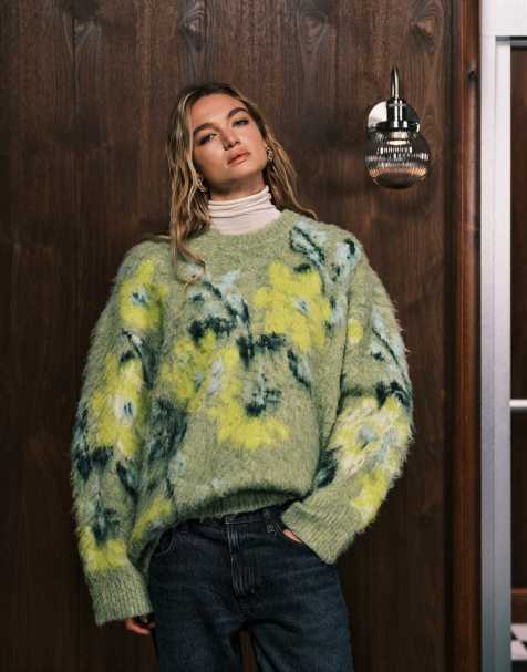 ASOS DESIGN - Salviegrøn trøje med børstet blomstermønster - view 1