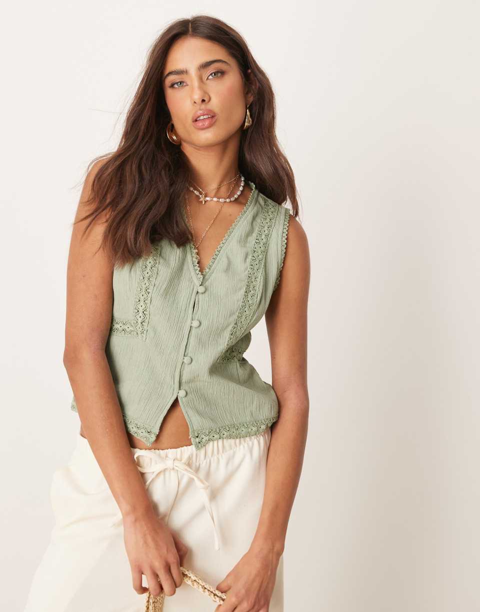 Sage Green Lace-Trim Vest