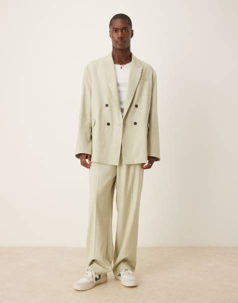 ASOS DESIGN - Salviegrønt habitsæt i hørlook med løstsiddende og oversized pasform samt dobbeltradet blazer - view 1