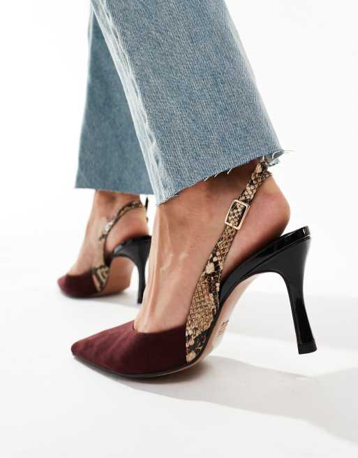 ASOS DESIGN Samber slingback stiletto heels in burgundy and snake mix