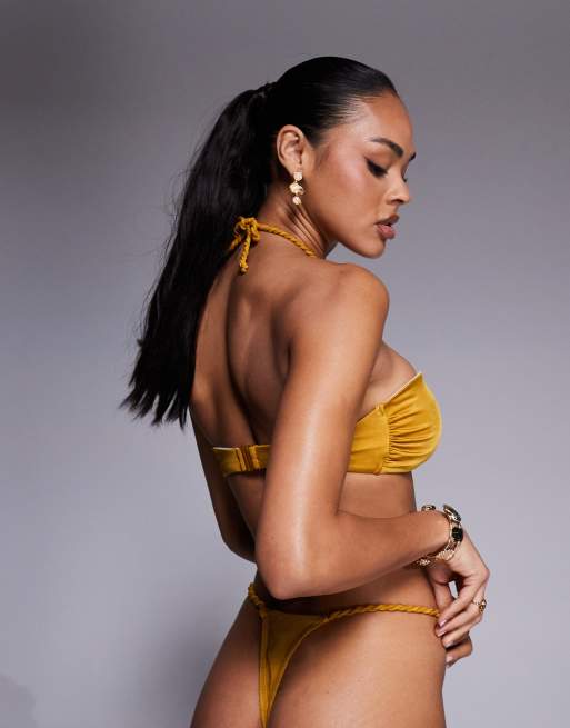 ASOS DESIGN Sammi high leg tanga thong with braided straps in gold, 3 of 4