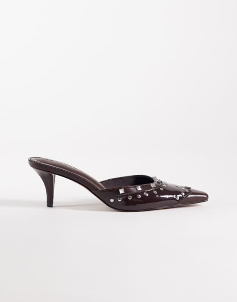 ASOS DESIGN Sammie studded western chisel toe heeled mules in chocolate - view 1