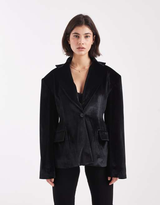 ASOS DESIGN – Samt-Blazer in Schwarz mit geraffter Taille, 2 von 4