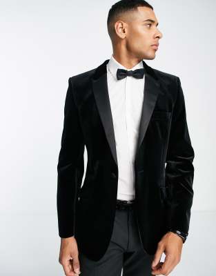 asos design -  – Samt-Blazer in Schwarz mit superengem Schnitt und kontrastierendem Revers