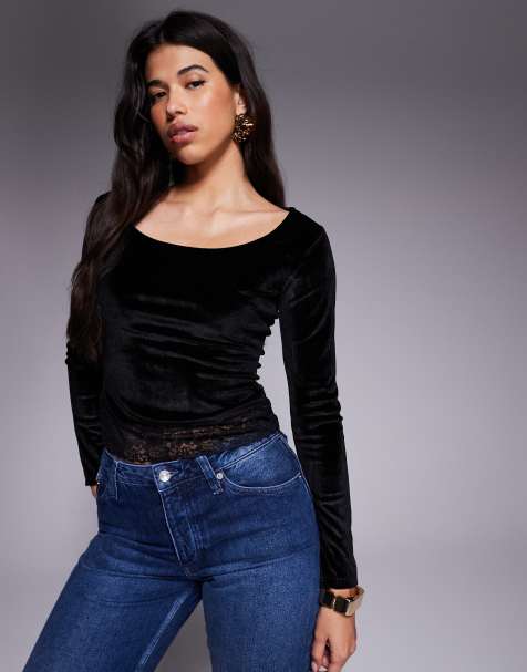 ASOS DESIGN – Samt-Cord-Oberteil in Schwarz mit U-Ausschnitt und Spitzen-Daum-Detail - view 1
