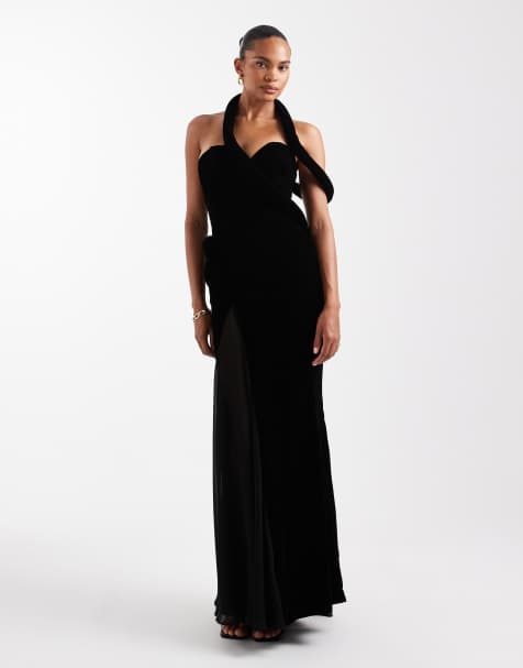 ASOS DESIGN – Samt-Maxikleid in Schwarz mit gepolstertem Ausschnitt mit transparenten Godet-Einsätzen und Schleppe - view 1