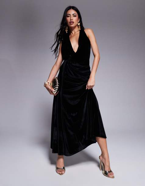 ASOS DESIGN – Samt-Midikleid in Schwarz mit tiefem Ausschnitt und drapiertem Schärpendetail - view 1