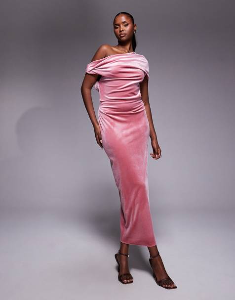 ASOS DESIGN – Samt-Midikleid in staubigem Rosé mit abfallender Schulterpartie - view 1