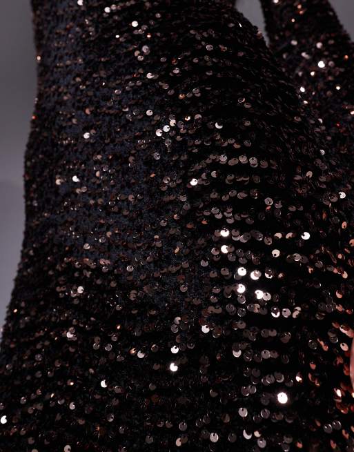ASOS DESIGN – Samt-Minikleid in Bronze mit Pailletten, weitem Ausschnitt und gerafften Ärmeln, 2 von 4