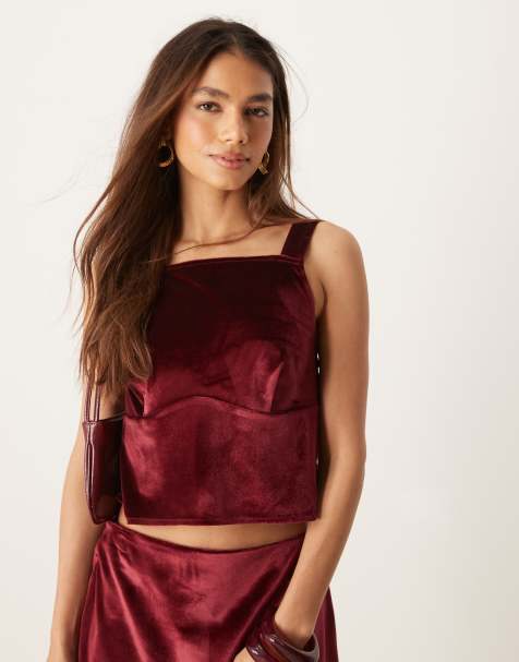 ASOS DESIGN – Samt-Oberteil in Burgunderrot mit Schleifenträgern, Kombiteil - view 1