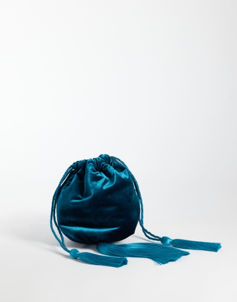ASOS DESIGN Samttasche mit Bommel in Blau - view 1