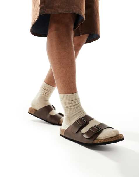 ASOS DESIGN – Sandalen in Braun mit zwei Riemen und Korksohle - view 1