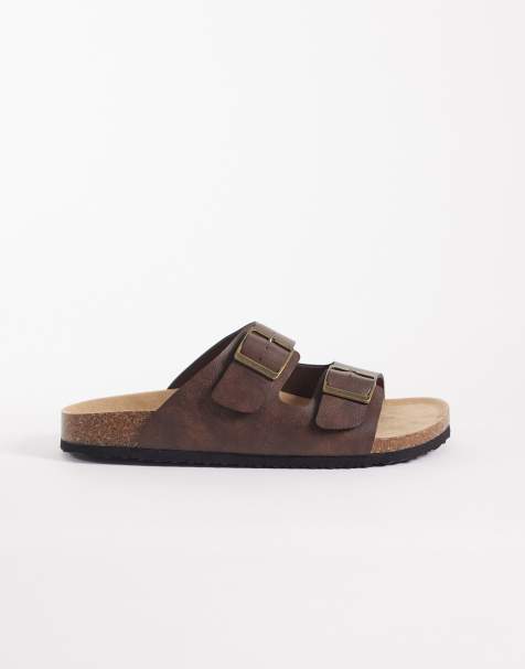 ASOS DESIGN – Sandalen in Ölbraun mit zwei Riemen und Korksohle - view 1