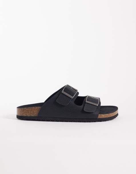 ASOS DESIGN – Sandalen in Schwarz mit gewalkter Struktur, zwei Riemen und Korksohle - view 1