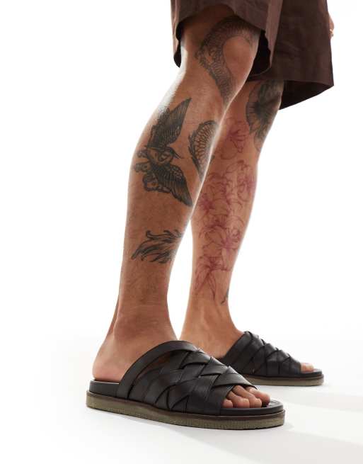 ASOS DESIGN – Sandalen mit überkreuztem Webmuster aus Leder in Dunkelbraun