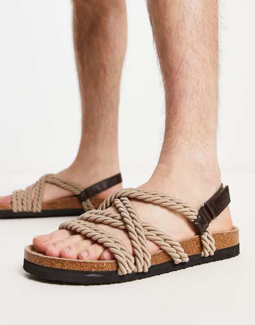 ASOS DESIGN - Sandalen van touw met gekruiste bandjes in gemixt stone en bruin