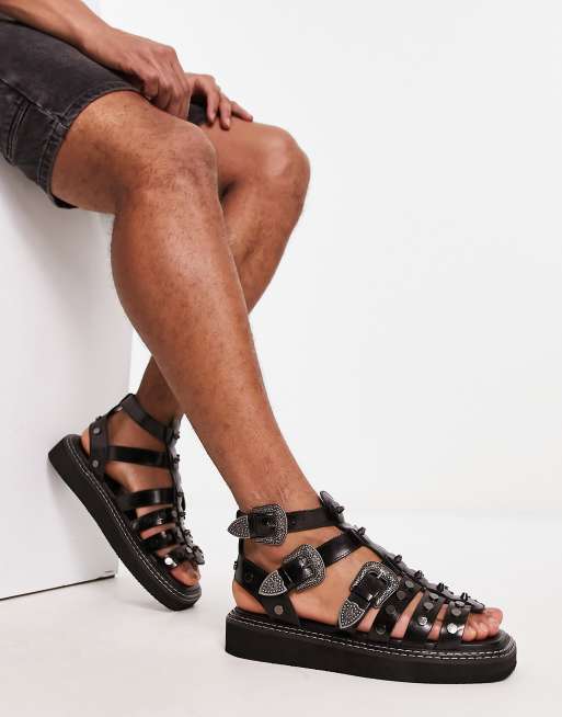 ASOS DESIGN - Sandali gladiatore in pelle neri con dettagli stile western e suola spessa