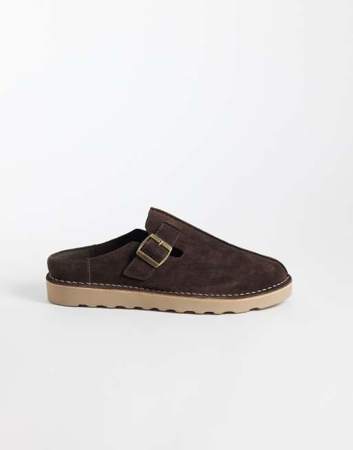 ASOS DESIGN sandali mule con fibbia e dettaglio cuciture in camoscio marrone, 1 di 4