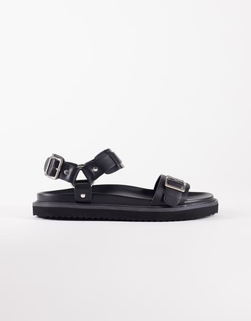 ASOS DESIGN - Sandali neri con tre fascette e dettagli in metallo