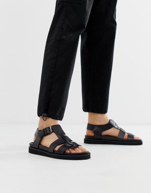 asos design gladiator sandals in black leather with chunky sole
