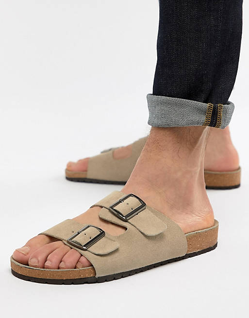 ASOS DESIGN Sandals In Stone Suede With Buckle