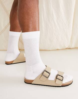 ASOS DESIGN sandals in stone with buckle  - ASOS Price Checker