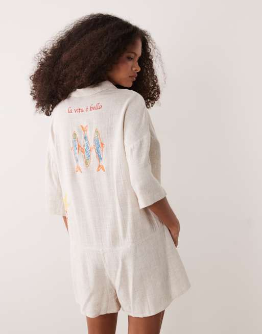 ASOS DESIGN – Sandfärgad, kortärmad playsuit i skjortmodell med broderad detalj, 4 av 4