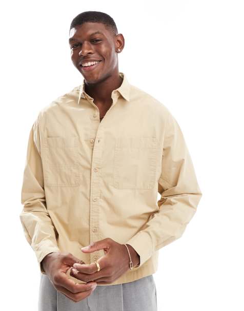 ASOS DESIGN – Sandfärgad overshirt med boxig passform och fyrkantig ficka - view 1