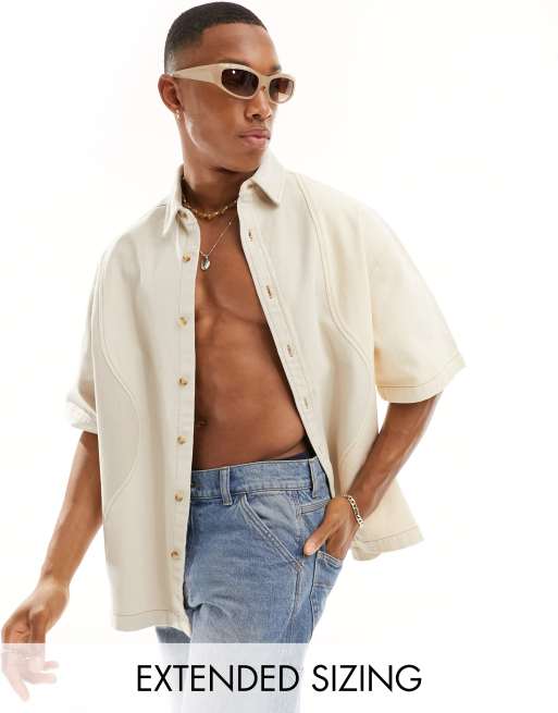 ASOS DESIGN – Sandfärgad, panelsydd jeansskjorta i oversize