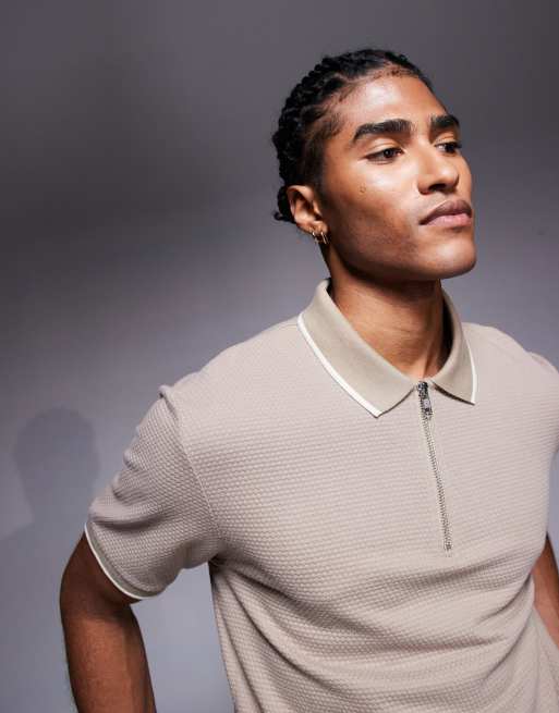 ASOS DESIGN – Sandfärgad pikétröja med textur och dragkedja, 3 av 4