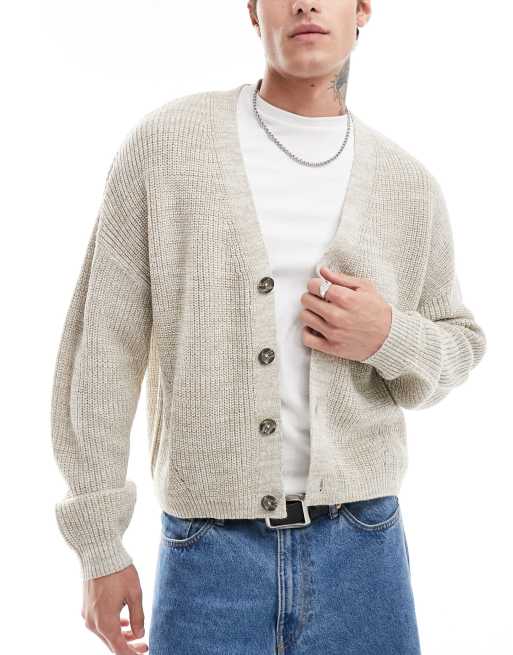 ASOS DESIGN – Sandfärgad, ribbstickad fiskarkofta med avslappnad passform