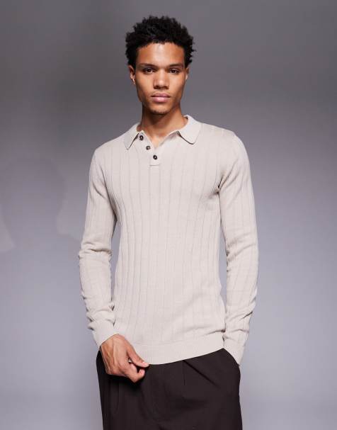 ASOS DESIGN – Sandfärgad, ribbstickad pikétröja i muscle fit med långa ärmar - view 1