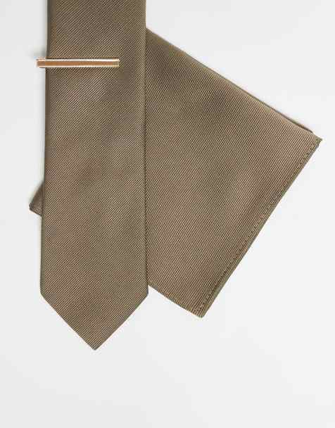 ASOS DESIGN – Sandfärgad slips och bröstnäsduk med slipsnål - view 1