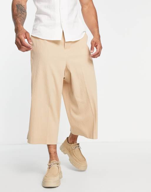 ASOS DESIGN – Sandfärgade krinklade finbyxor i culotte-modell med extremt vida ben, 3 av 4