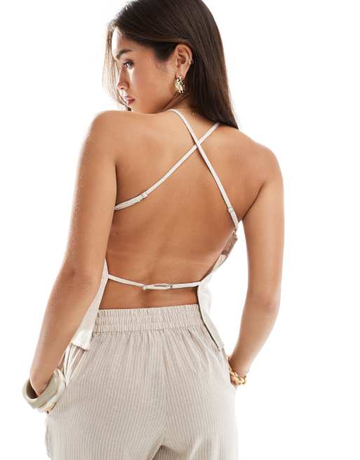 ASOS DESIGN - Sandfarvet cami-top med åben ryg i hørlook - Del af sæt, 4 af 4
