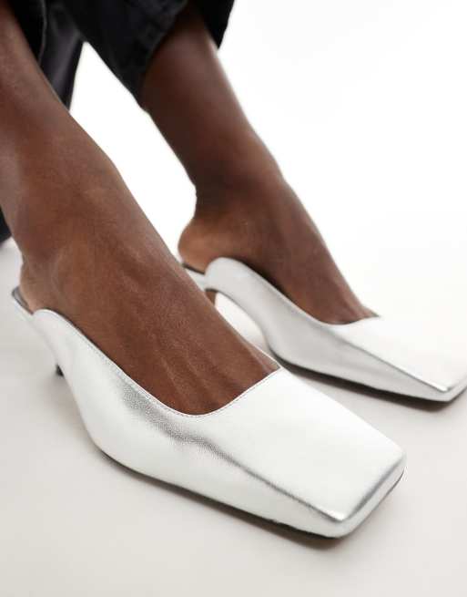 ASOS DESIGN – Santiago – Premium – Silverfärgade mules i läder med fyrkantig tå, 3 av 4