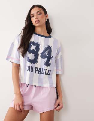 Asos Design Sao Paulo Oversized Tee And Shorts Pajama Set In Blue