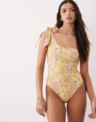 Asos Design Sarah One Shoulder Swimsuit In Yellow