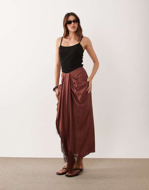 ASOS DESIGN sarong detail fringe co-ord maxi skirt in brown, 2 of 5