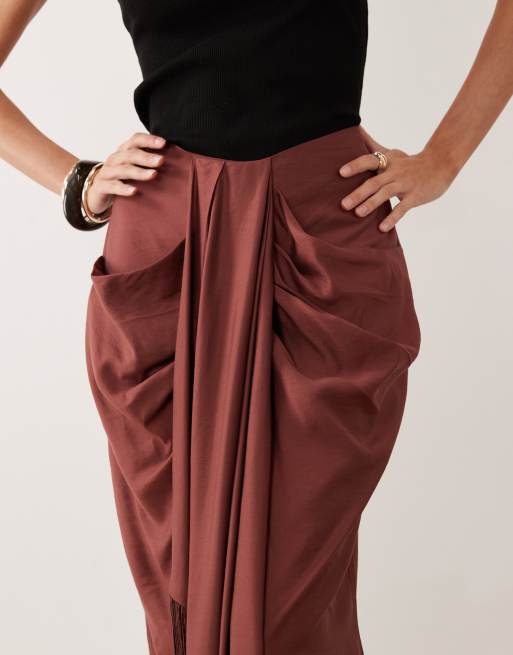 ASOS DESIGN sarong detail fringe co-ord maxi skirt in brown, 3 of 5