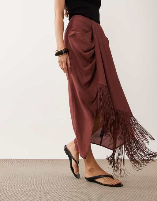 ASOS DESIGN sarong detail fringe co-ord maxi skirt in brown, 4 of 5